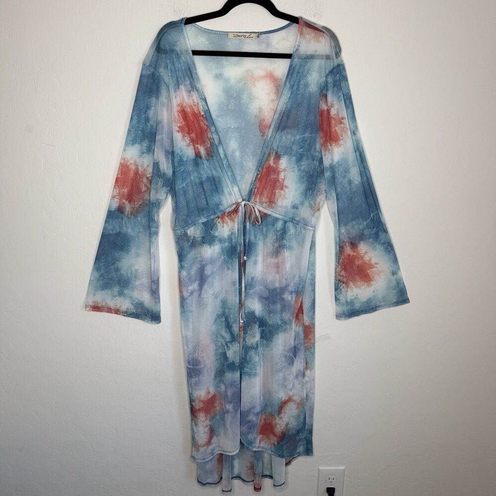 Liberty Love Size 2XL Tie Dye Open Front Mesh Duster Boho Beach Festival Pool